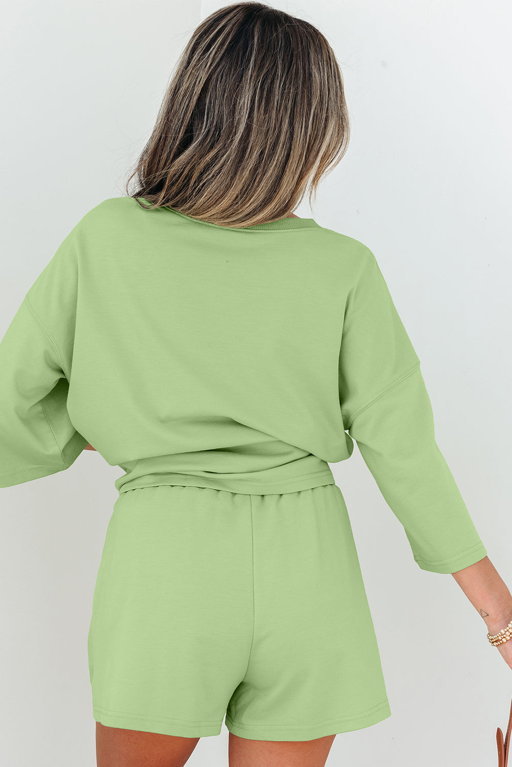 Meadow Mist Green Solid Loose V Neck Half Sleeve Tee and Shorts Set