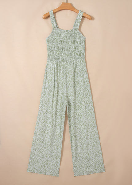 Green Smocked Bodice Square Neck Sleeveless Floral Jumpsuit