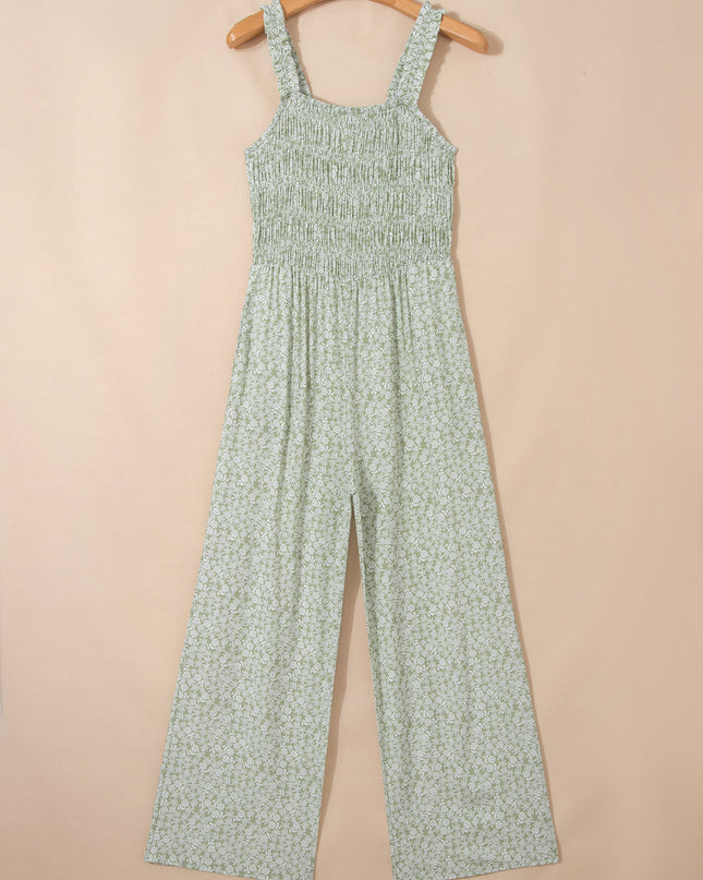 Green Smocked Bodice Square Neck Sleeveless Floral Jumpsuit