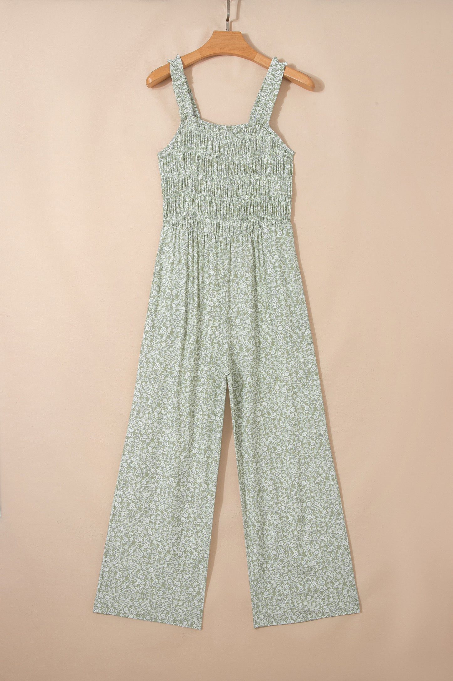Green Smocked Bodice Square Neck Sleeveless Floral Jumpsuit