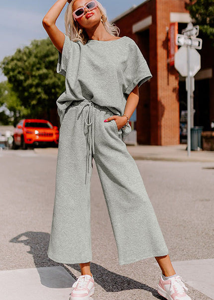 Black Textured Loose Fit T Shirt and Drawstring Pants Set