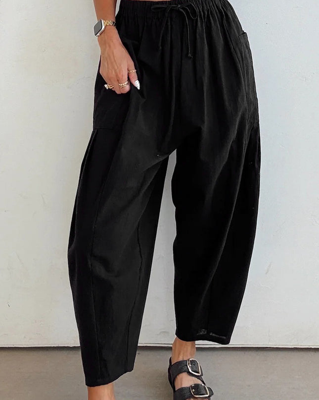 Black Drawstring Elastic Waist Patch Pocket Barrel Leg Casual Pants