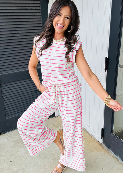 Rose Stripe Casual Wide Leg 2pcs Pants Set