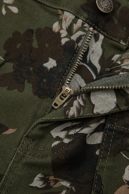 Green Vintage Floral Print Square Patch Pocket Raw Hem Shift Jeans