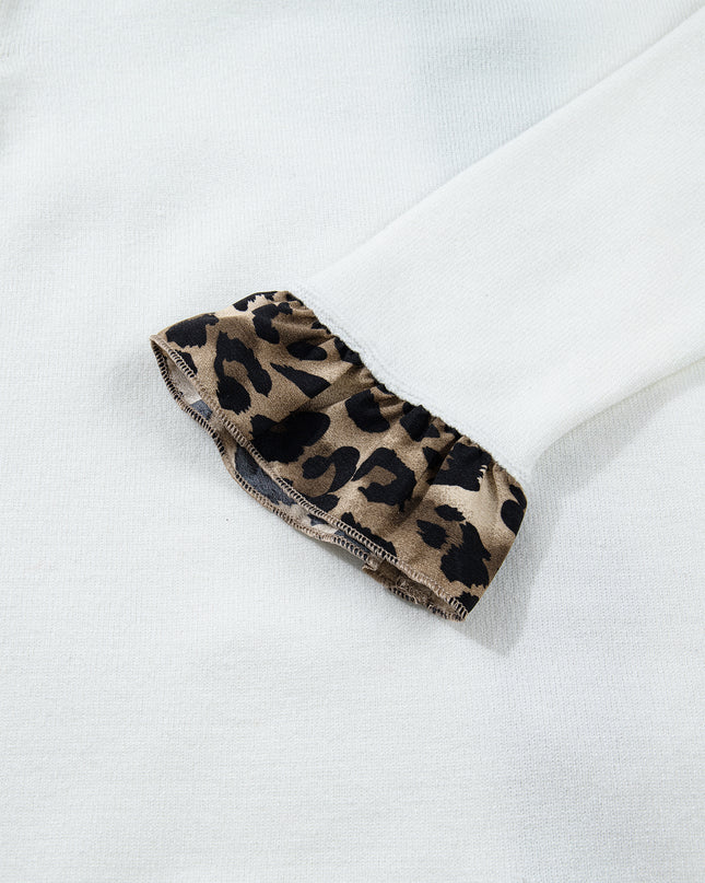 White Knitted Leopard Ruffle Patchwork Button Down Cropped Cardigan