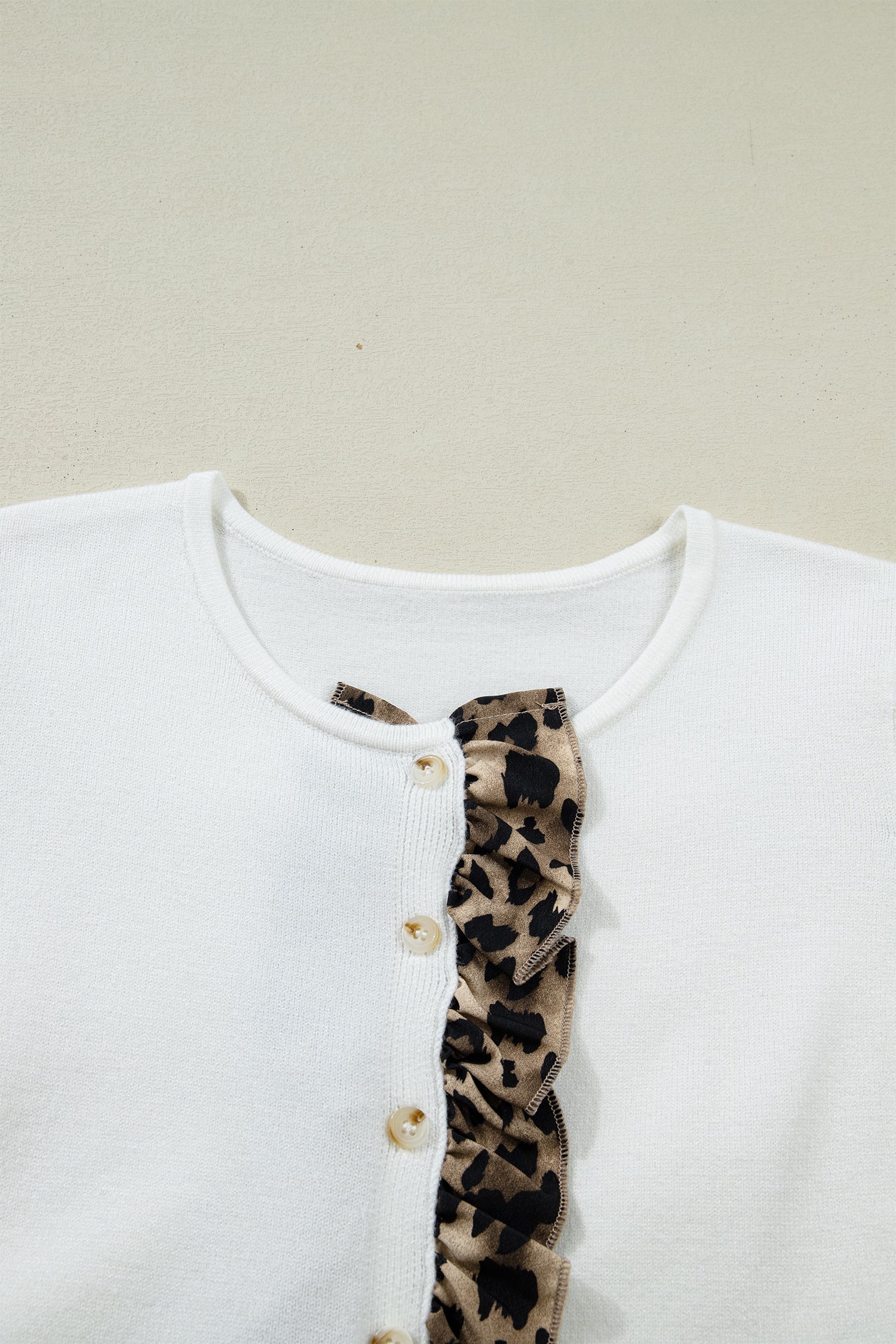 White Knitted Leopard Ruffle Patchwork Button Down Cropped Cardigan