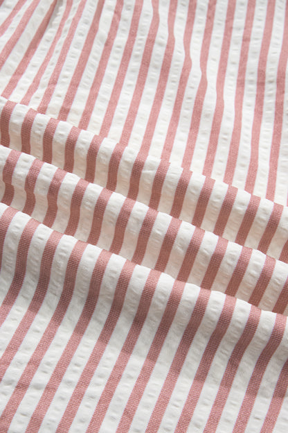 Sky Blue Stripe Leopard Trim V Neck Button Down Half Sleeve Shirt