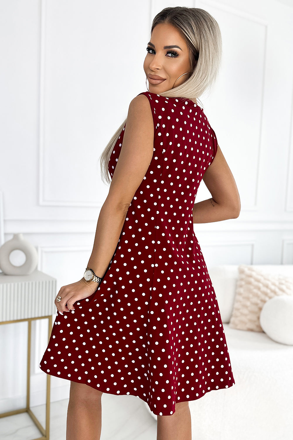 241-3 STELLA cotton dress with a diamond neckline - burgundy with polka dots