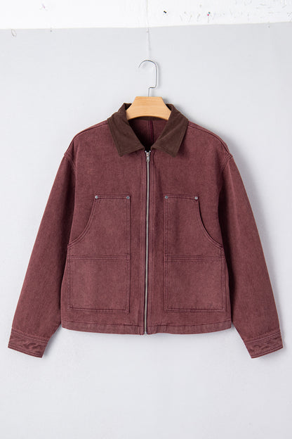 Coffee Corduroy Collar Zipped Front Denim Jacket