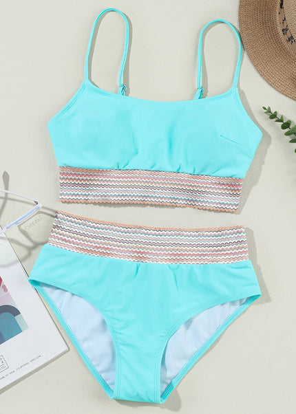 Peach Blossom Striped Patchwork Spaghetti Strap High Waist Bikini Swimsuit