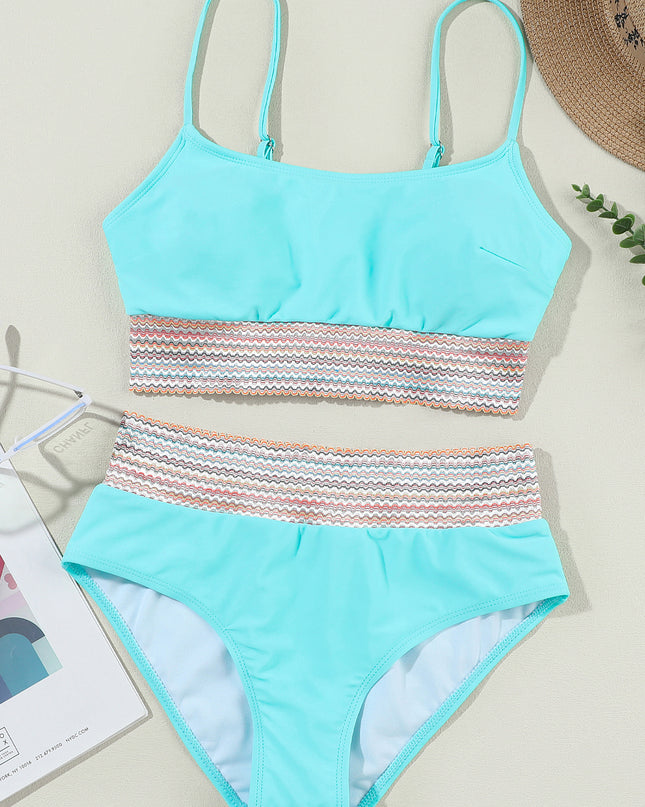 Peach Blossom Striped Patchwork Spaghetti Strap High Waist Bikini Swimsuit
