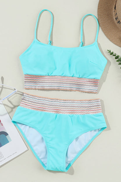 Peach Blossom Striped Patchwork Spaghetti Strap High Waist Bikini Swimsuit