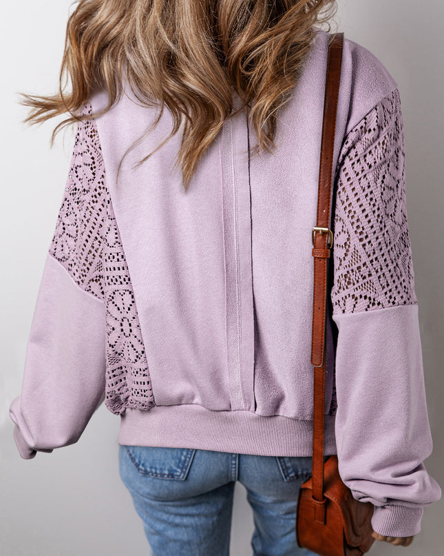 Parchment Knit Crochet Exposed Seam Ribbed Trim Sweatshirt