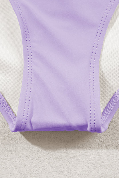 Peach Blossom Striped Patchwork Spaghetti Strap High Waist Bikini Swimsuit