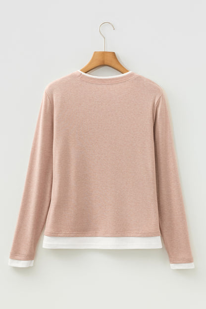 Smoke Gray False Two Piece Color Block Patchwork Long Sleeve Top