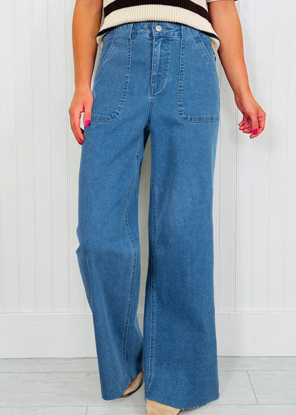 Dusk Blue Retro Washed Patch Pocket Loose Jeans