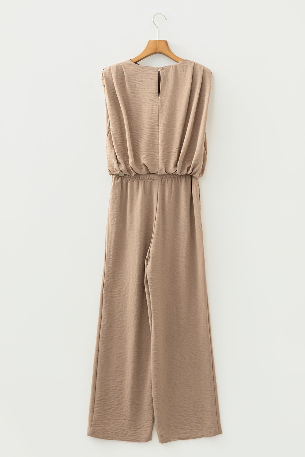 Pale Khaki Solid Color Keyhole Puffy Tank Drawstring Loose Pants 2pcs Set Outfit