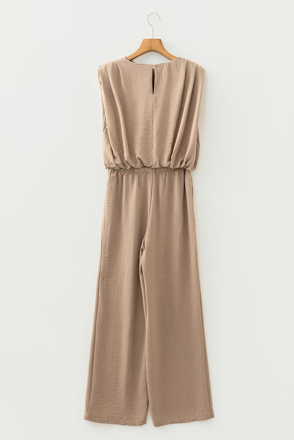 Pale Khaki Solid Color Keyhole Puffy Tank Drawstring Loose Pants 2pcs Set Outfit