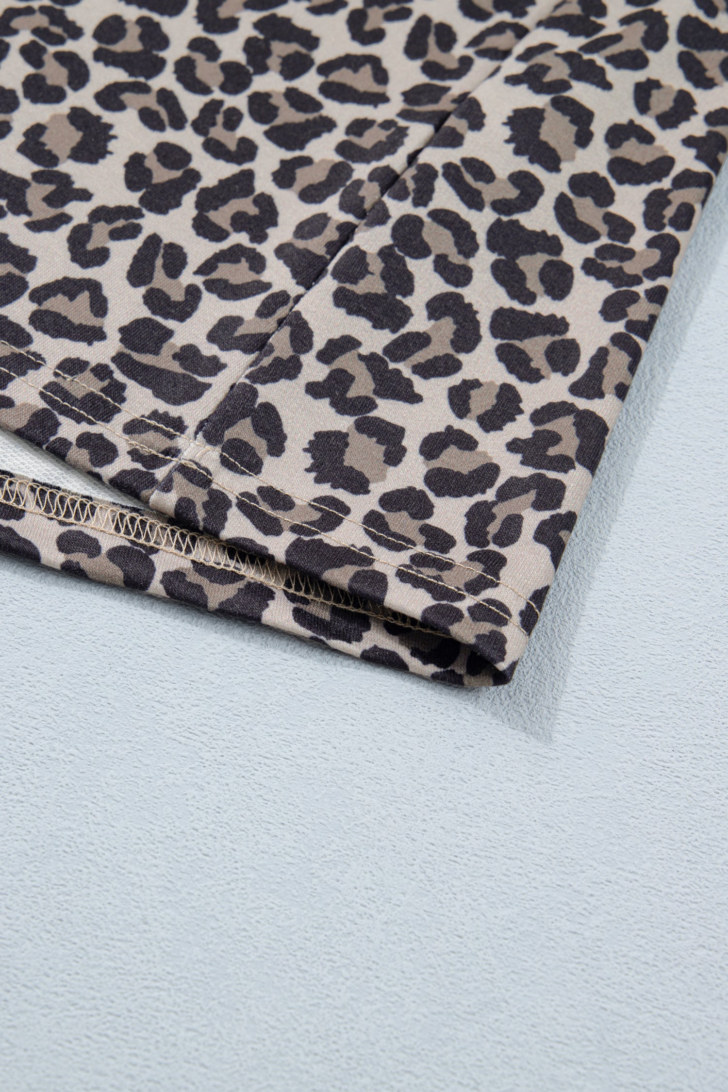 Khaki Leopard Print Half Zip Striped Trim Patchwork Short Sleeve Top