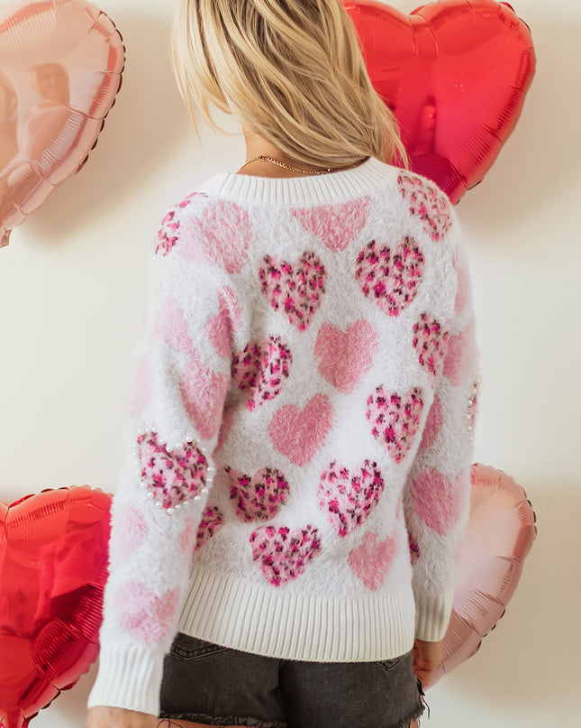 Pink Heart Leopard Print Pearled Ribbed Trim Fuzzy Sweater