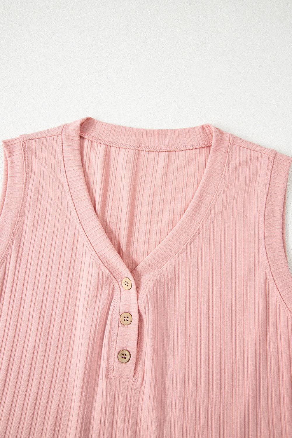 Gossamer Pink Ribbed Button V Neck Tank Top and Shorts Set