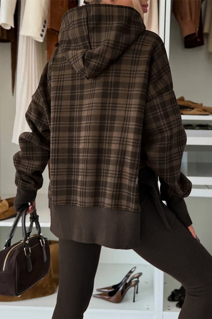 Beige Plaid Patchwork Side Slit Sweatshirt