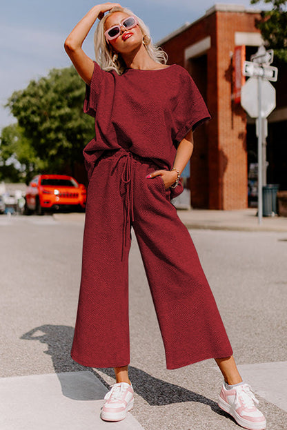 Black Textured Loose Fit T Shirt and Drawstring Pants Set