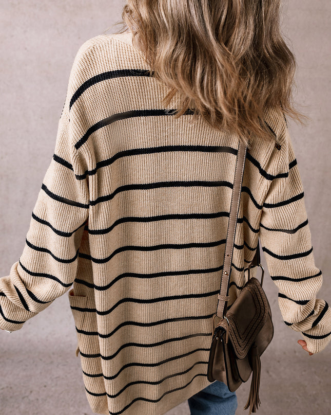 Black Stripe Shawl Neckline Open Cardigan with Pockets
