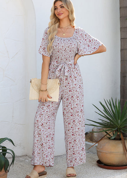White Smocked Short Sleeve Wide Leg Floral Print Jumpsuit