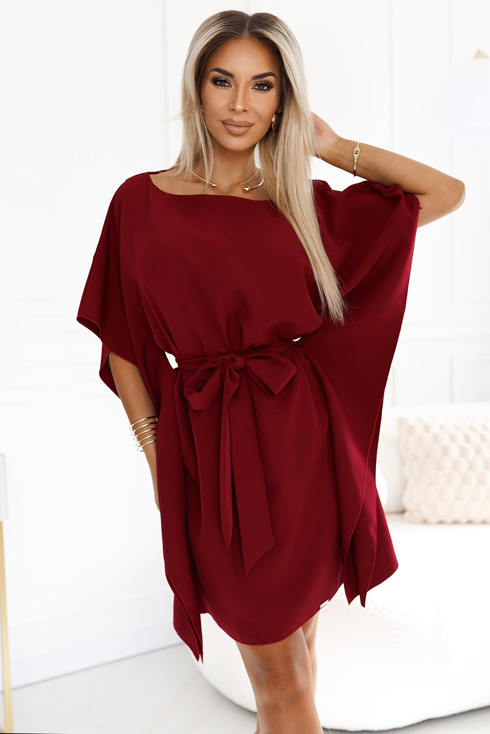 287-34 SOFIA Butterfly dress with a binding at the waist - Burgundy color