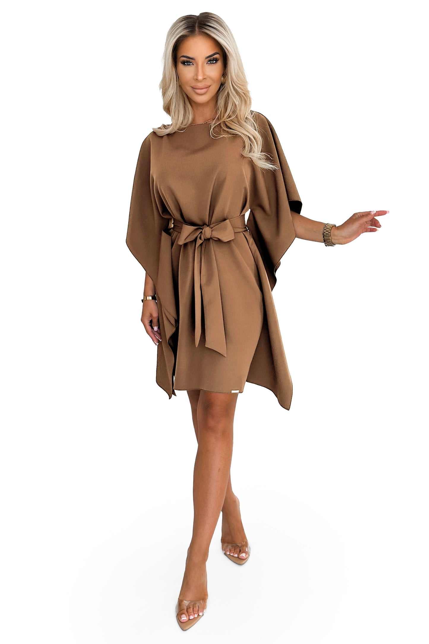 287-39 SOFIA Butterfly dress with a tie waist - cappuccino