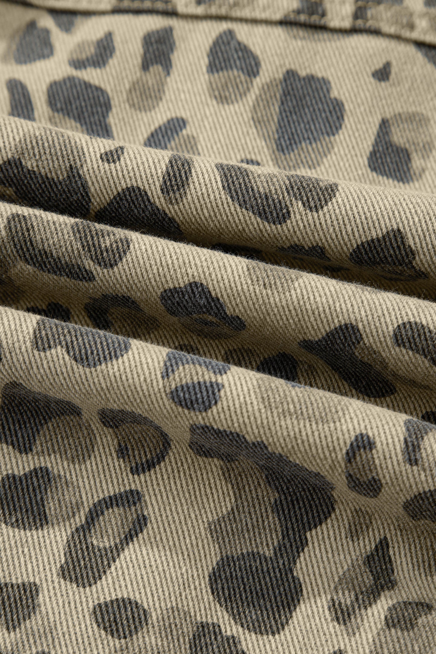 Khaki Retro Leopard Print Seam Detail Button Down Denim Jacket