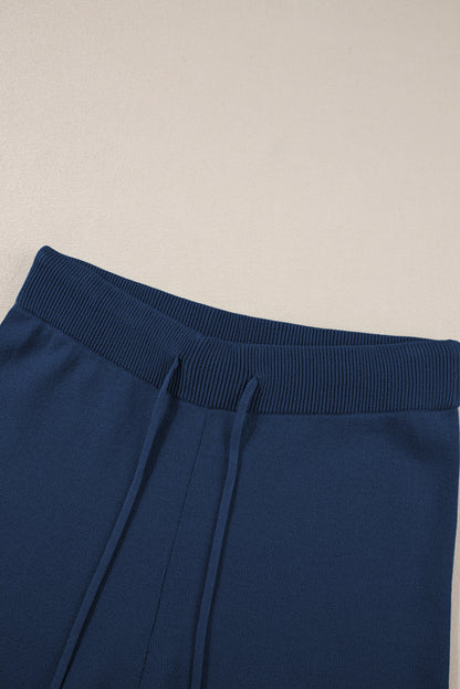 Black Contrast Trim Half Sleeve Top Drawstring Pants Loose 2pcs Sweater Suit Set