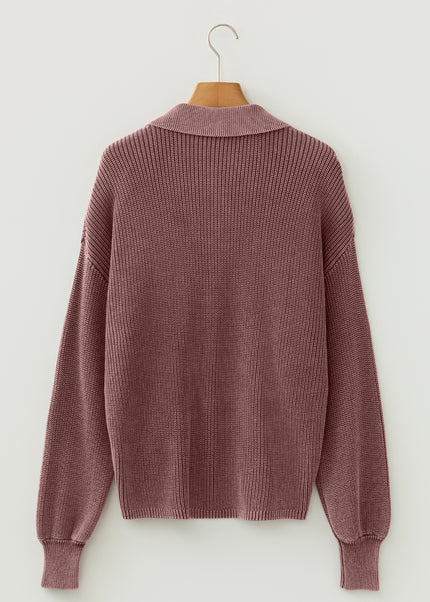 Dark Brown Washed Knit Button Polo Collar Loose Sweater