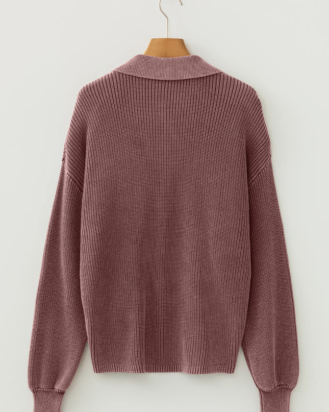 Dark Brown Washed Knit Button Polo Collar Loose Sweater