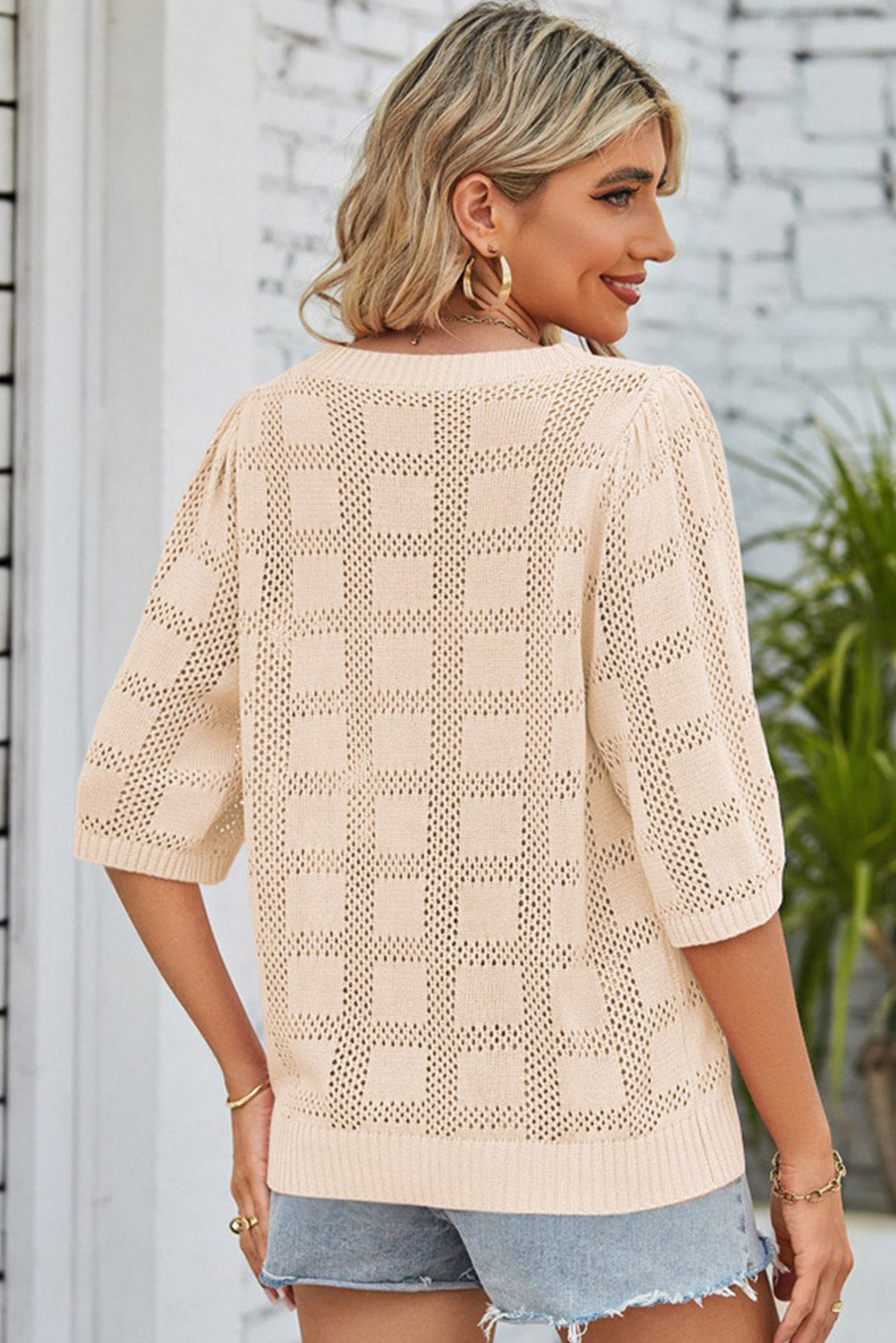 Apricot Plaid Pattern Crochet Knit Short Sleeve Sweater