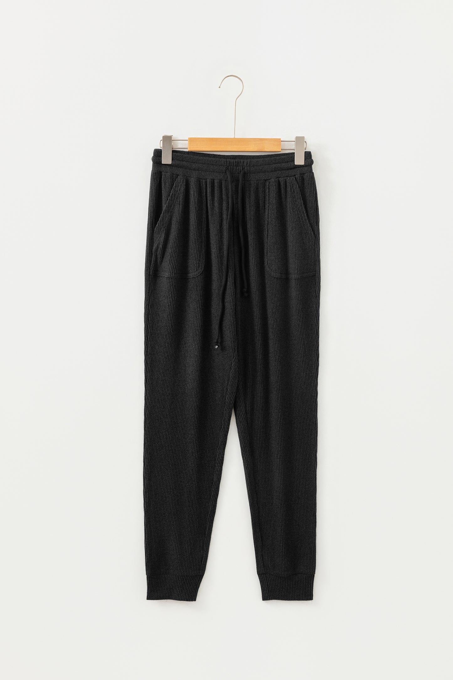 Black Ribbed Drawstring Active Jogger Pants