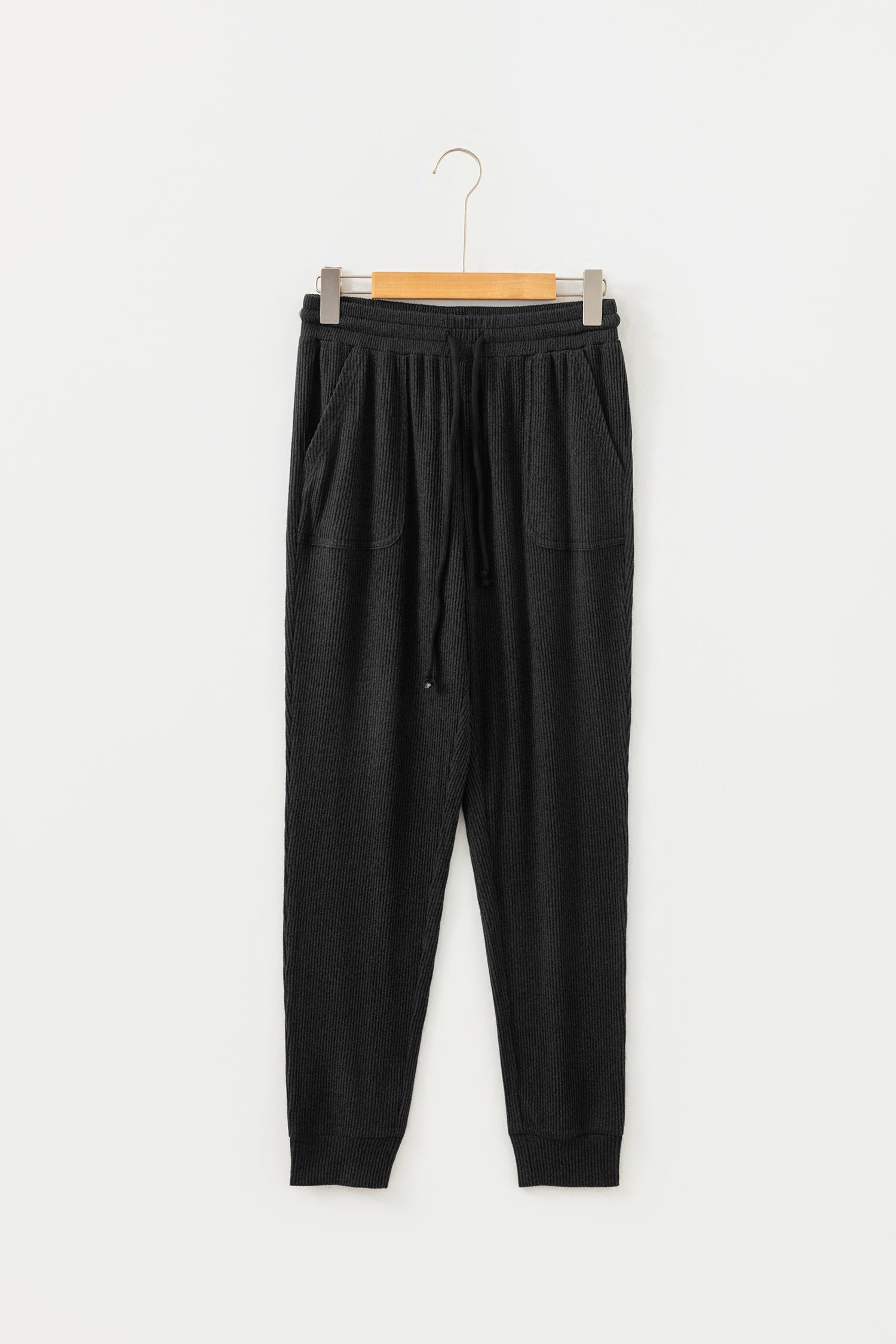 Black Ribbed Drawstring Active Jogger Pants