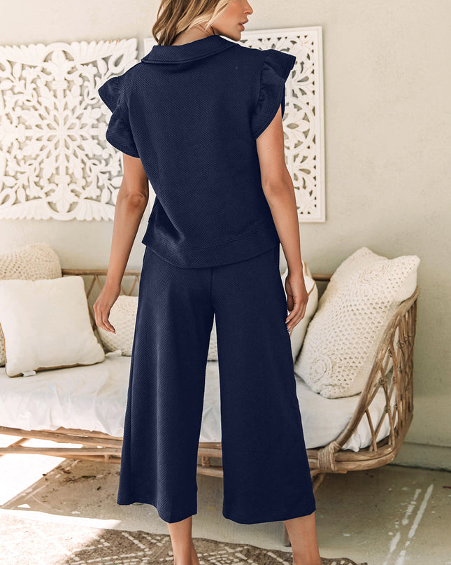 Black Textured Flutter Sleeve Top Wide Leg Pants Set