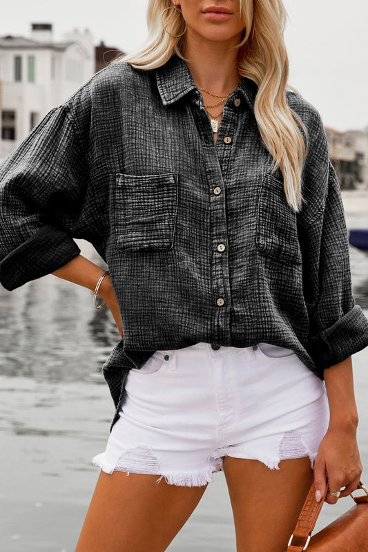 Black Mineral Wash Crinkle Textured Chest Pockets Shirt