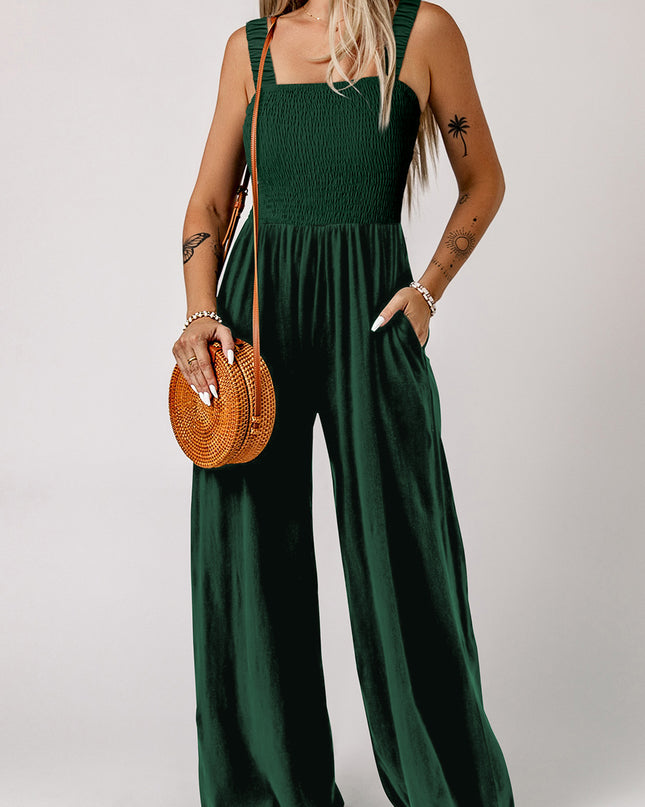 Ginger Smocked Sleeveless Wide Leg Jumpsuit with Pockets