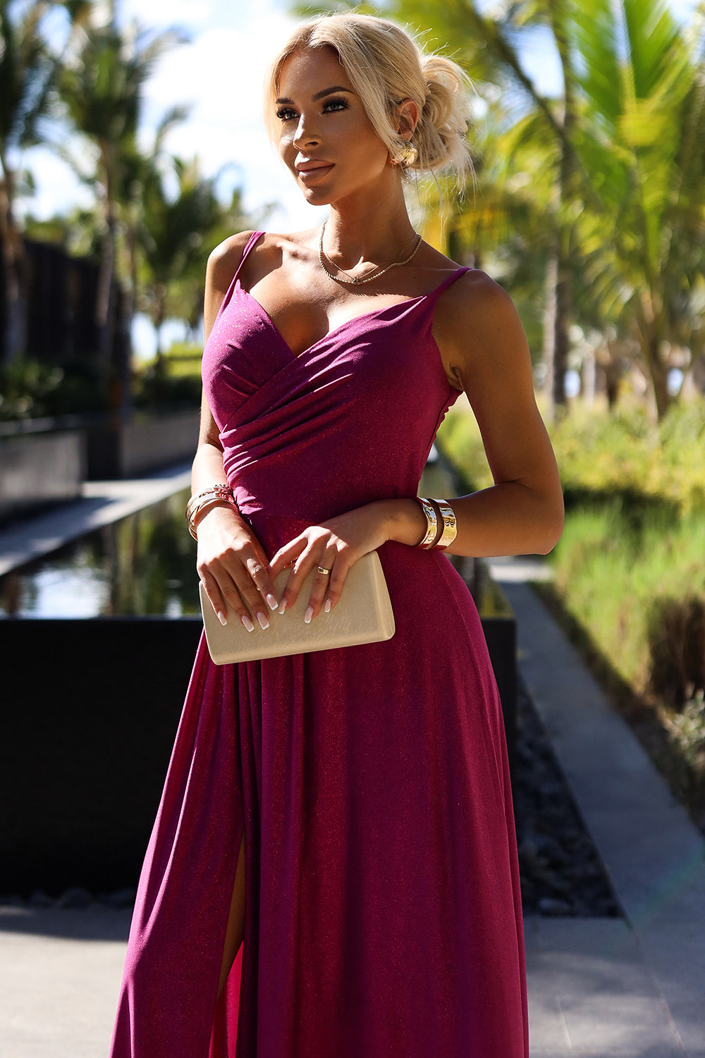 299-19 CHIARA elegant long maxi dress with straps - fuchsia with glitter