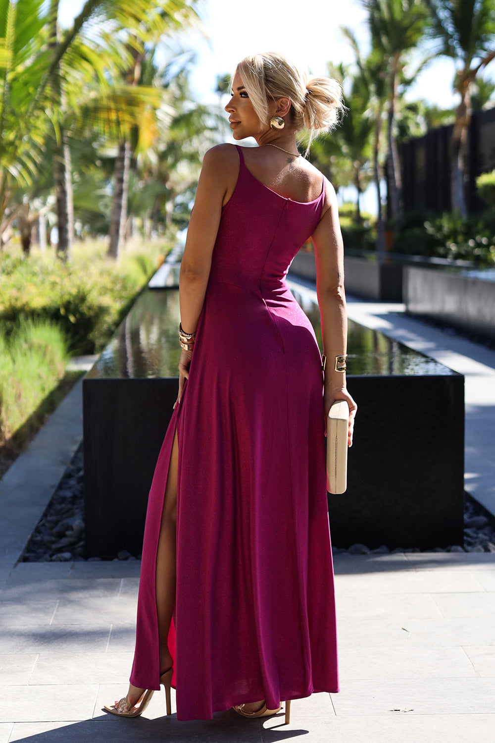 299-19 CHIARA elegant long maxi dress with straps - fuchsia with glitter