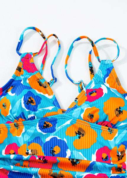 Sky Blue Adjustable Straps Ribbed Knit One Piece Swimsuit