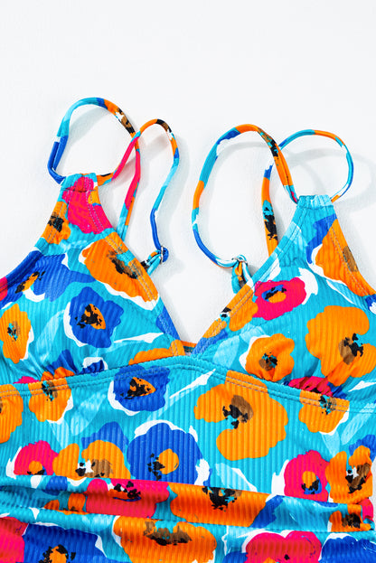 Sky Blue Adjustable Straps Ribbed Knit One Piece Swimsuit