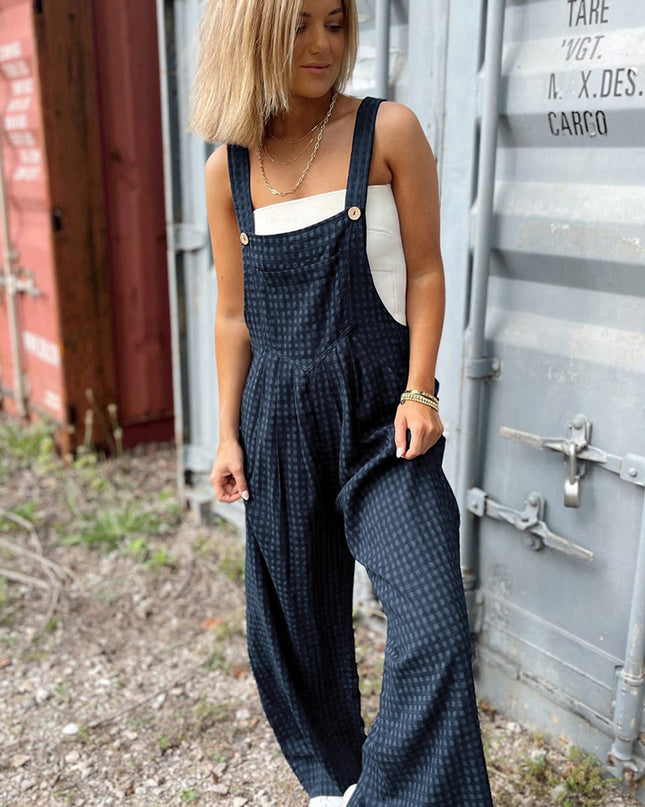 Sail Blue Plaid Print Buttoned Pocketed High Waist Overall