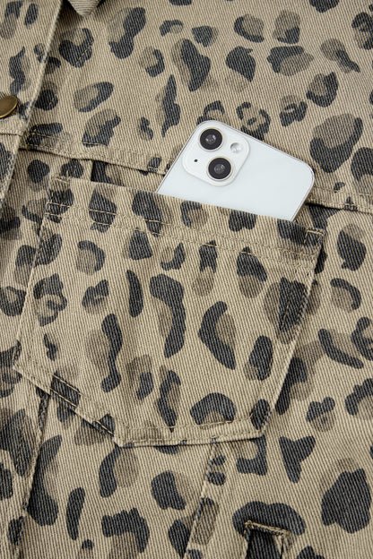 Khaki Retro Leopard Print Seam Detail Button Down Denim Jacket