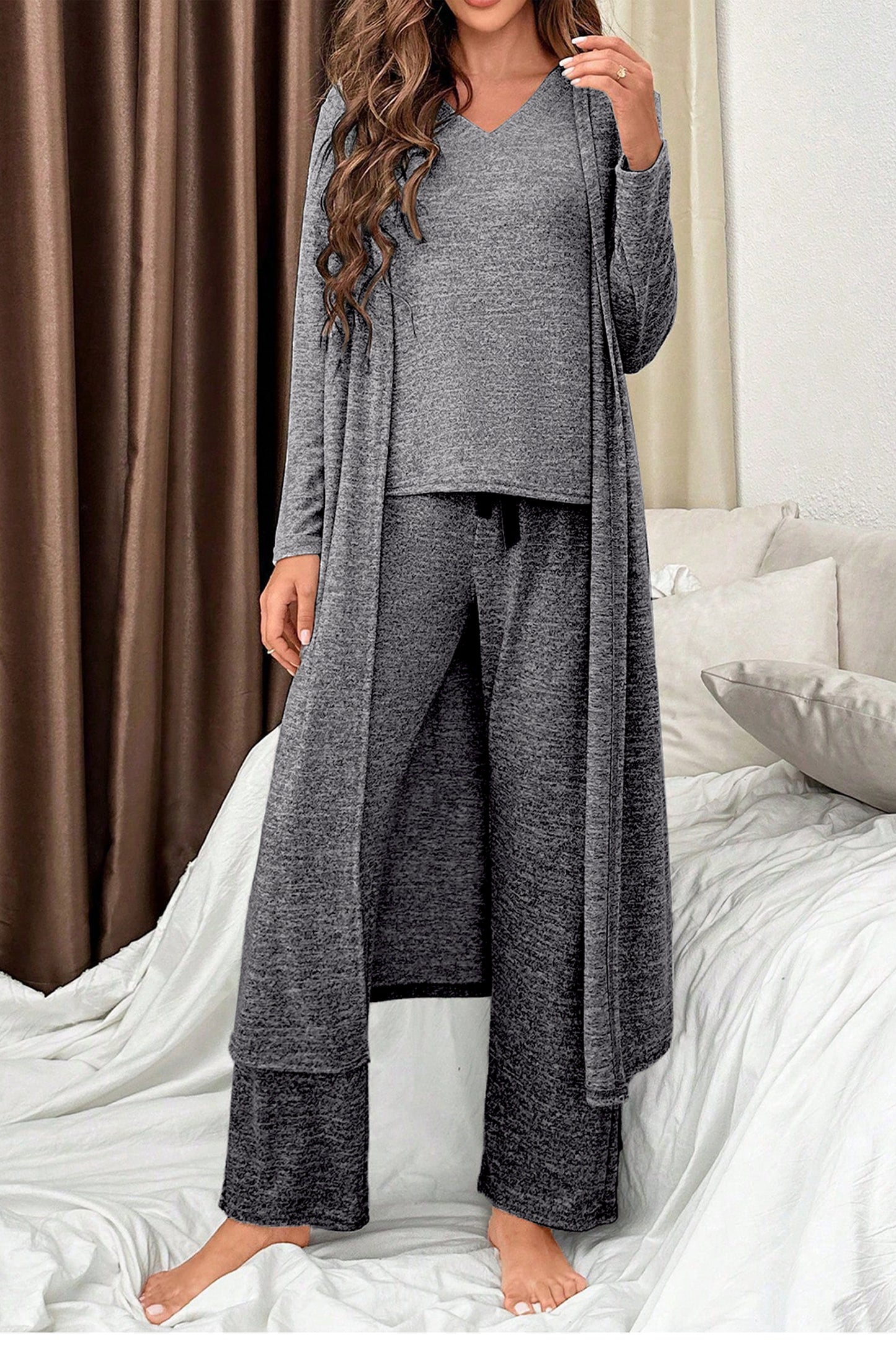 Dark Grey 3pcs V Neck T Shirt Ribbon Knot Pants Open Duster 3pcs Lounge Set