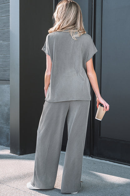 Dark Grey Twisted Ribbed High Neck Loose Tee Elastic High Waist Loose Pant Set