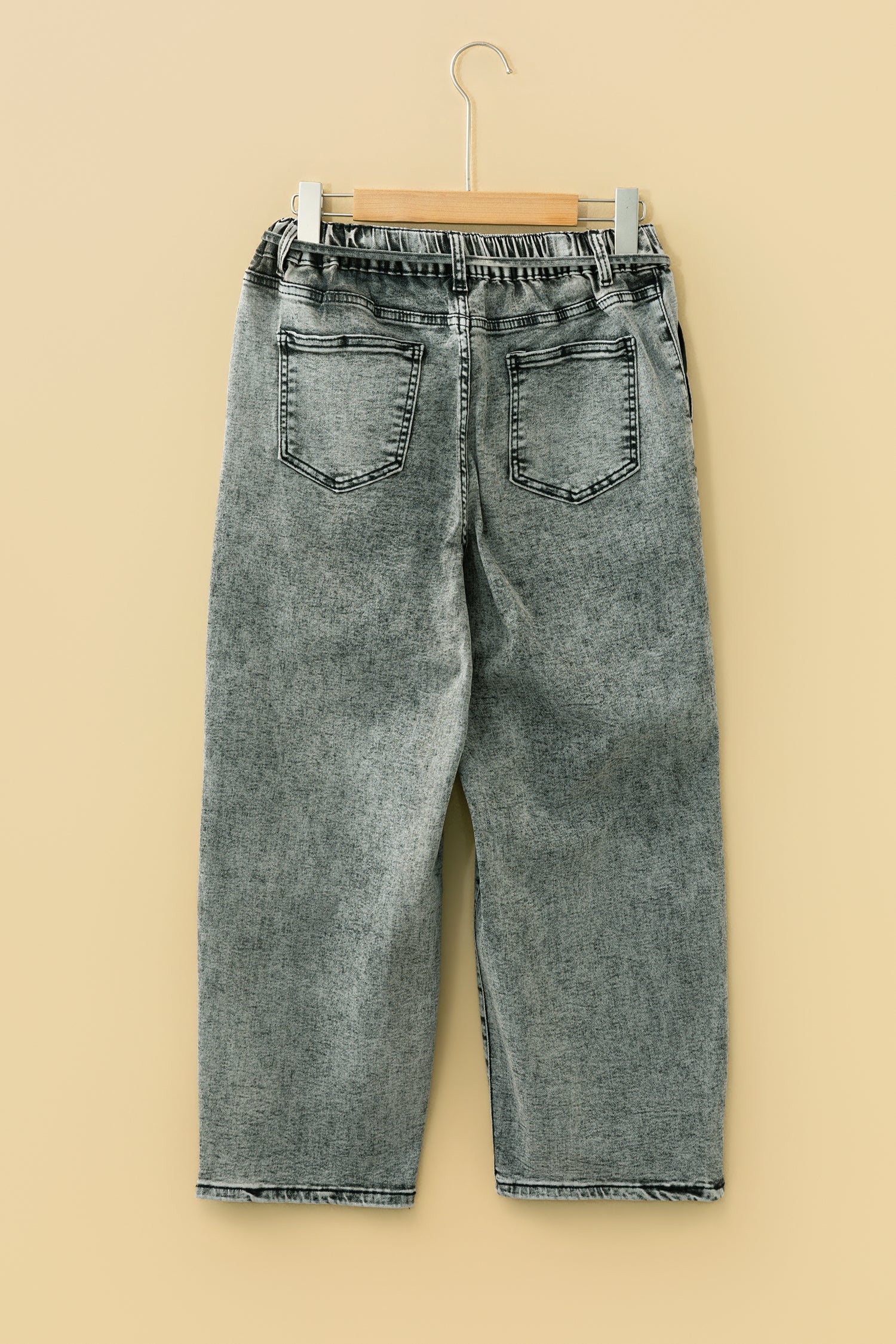 Smoke Gray Acid Wash Barrel Fit Denim Pants with Waist String